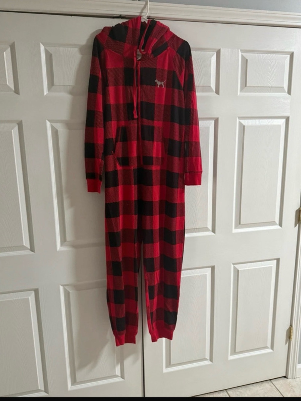PINK Victoria's Secret Red and Black Buffalo Plaid Hooded Kids One-Piece Pajama